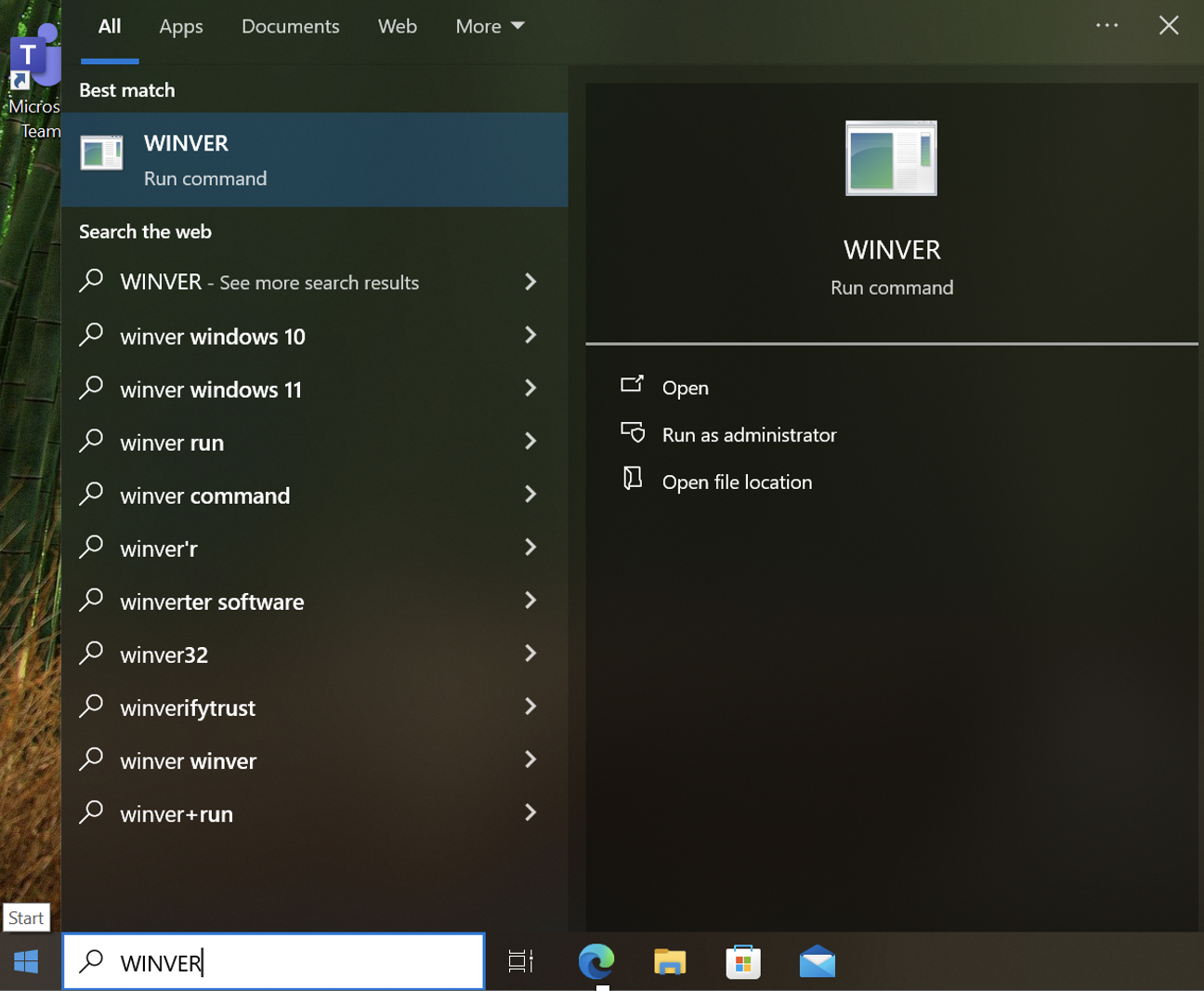 screenshot of user typing winver in Windows search feature